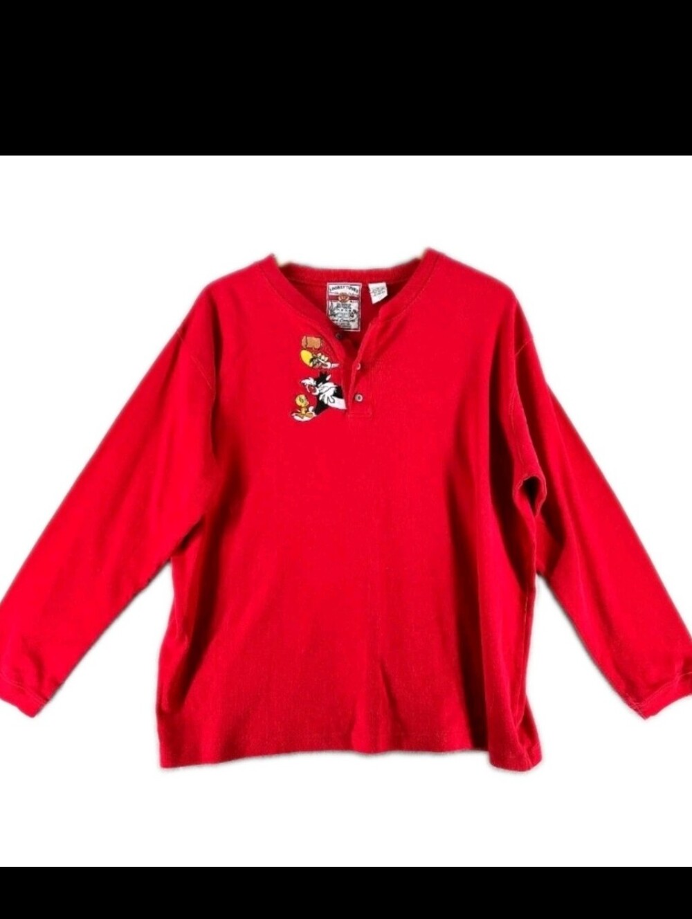 Vintage Warner Bros. Red Looney Tunes Long Sleeve Henley Shirt Boys L